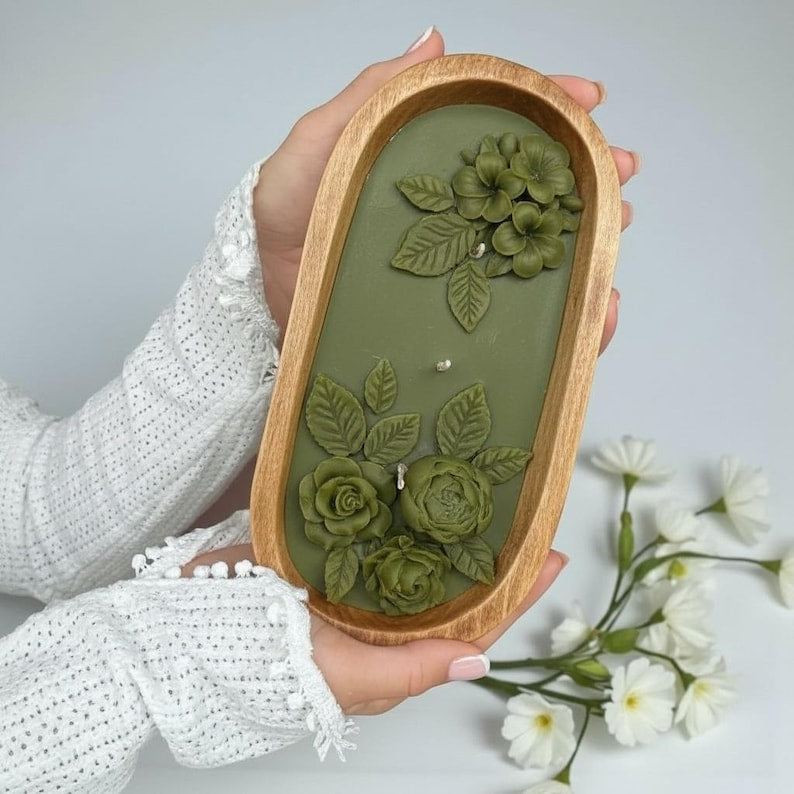 3-Docht Große Florale Teigschale Kerze, 3D Rose Blume Duftende Olivgrün Gelbe Kerze, Sojawachskerze Blumen-Wohnkultur