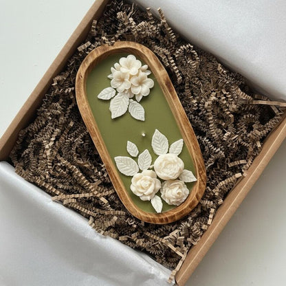3-Docht Große Florale Teigschale Kerze, 3D Rose Blume Duftende Olivgrün Gelbe Kerze, Sojawachskerze Blumen-Wohnkultur