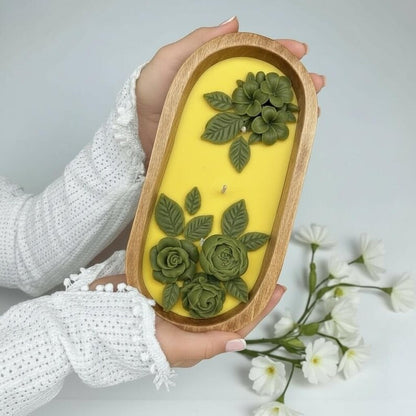 3-Docht Große Florale Teigschale Kerze, 3D Rose Blume Duftende Olivgrün Gelbe Kerze, Sojawachskerze Blumen-Wohnkultur