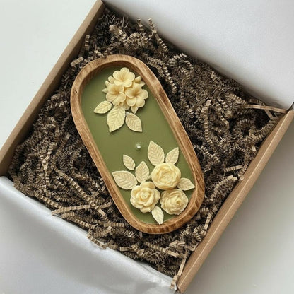3-Docht Große Florale Teigschale Kerze, 3D Rose Blume Duftende Olivgrün Gelbe Kerze, Sojawachskerze Blumen-Wohnkultur