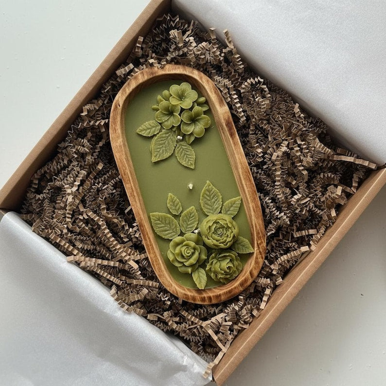 3-Docht Große Florale Teigschale Kerze, 3D Rose Blume Duftende Olivgrün Gelbe Kerze, Sojawachskerze Blumen-Wohnkultur