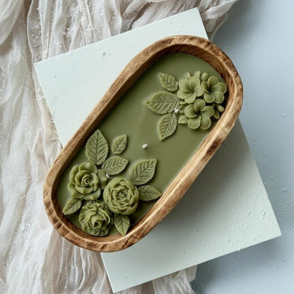 3-Docht Große Florale Teigschale Kerze, 3D Rose Blume Duftende Olivgrün Gelbe Kerze, Sojawachskerze Blumen-Wohnkultur