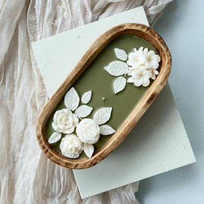 3-Docht Große Florale Teigschale Kerze, 3D Rose Blume Duftende Olivgrün Gelbe Kerze, Sojawachskerze Blumen-Wohnkultur