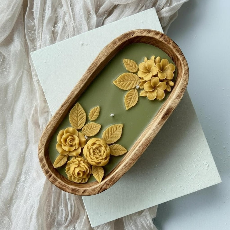 3-Docht Große Florale Teigschale Kerze, 3D Rose Blume Duftende Olivgrün Gelbe Kerze, Sojawachskerze Blumen-Wohnkultur