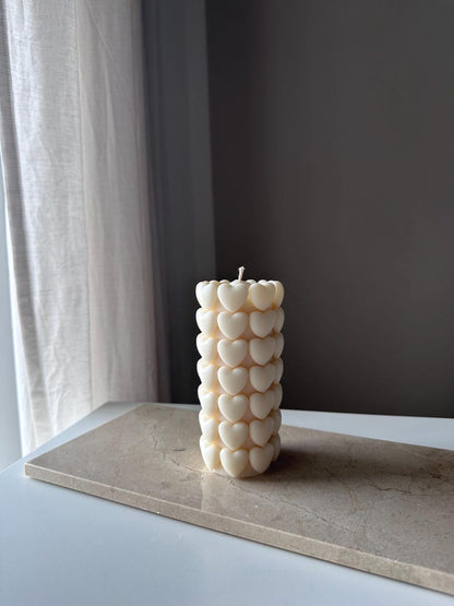 Herz Säulenkerze Cremeweiß Pastell 12 cm Rapswachs