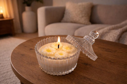 Handgegossene Duftkerze mit Gänseblümchen im Glas mit Deckel, Creme/Weiß, 200g