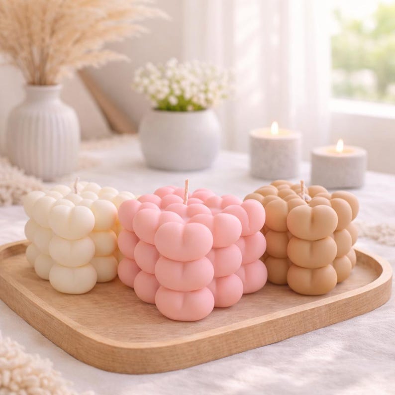 Herzförmige Bubble Kerze aus Rapswachs | Herz Design | Weiß Beige Rosa