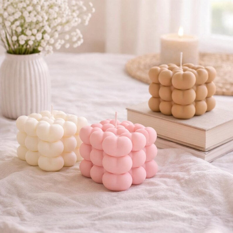 Herzförmige Bubble Kerze aus Rapswachs | Herz Design | Weiß Beige Rosa