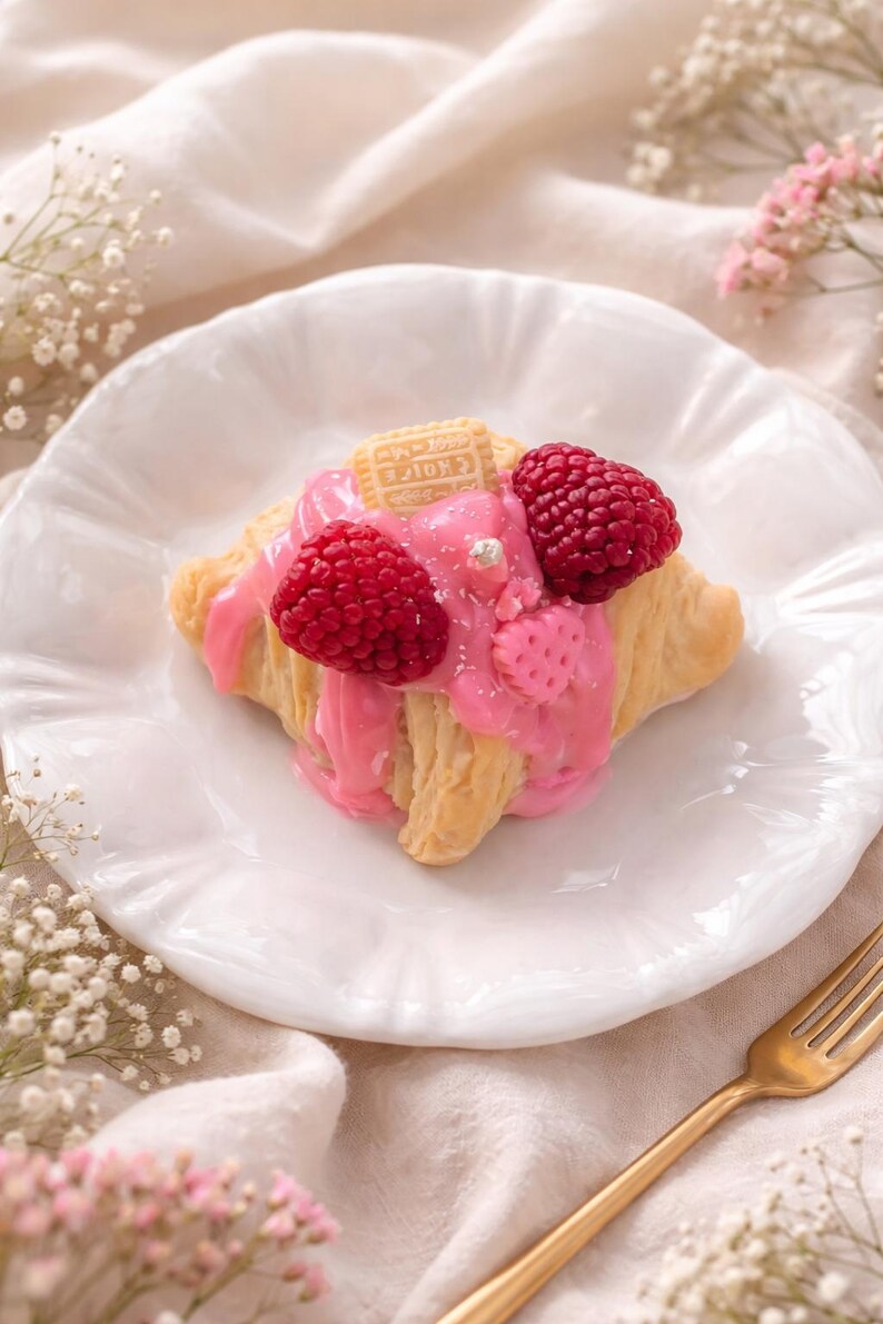 Croissant Kerze mit Beeren-Drip – Handgegossene duftfreie Rapswachs Kerze, realistische Pastry Deko, 9 x 7 cm