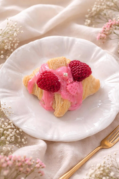 Croissant Kerze mit Beeren-Drip – Handgegossene duftfreie Rapswachs Kerze, realistische Pastry Deko, 9 x 7 cm