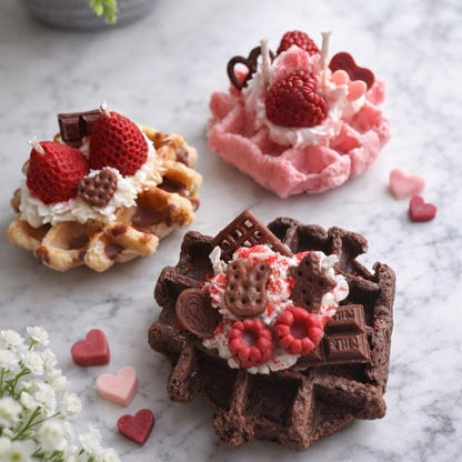 Waffelkerze mit Erdbeeren & Schokolade aus Rapswachs – Handgegossen, Vanille, Himbeer, Haselnuss-Schokolade