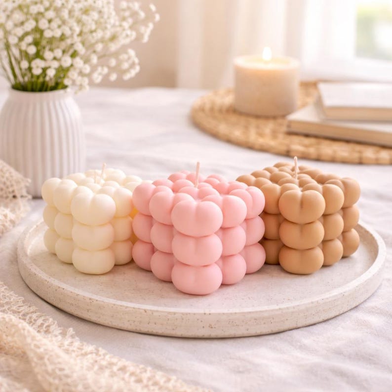 Herzförmige Bubble Kerze aus Rapswachs | Herz Design | Weiß Beige Rosa