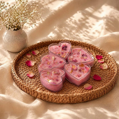 5er Set Rosen-Teelichter Herzform mit Rosenquarz