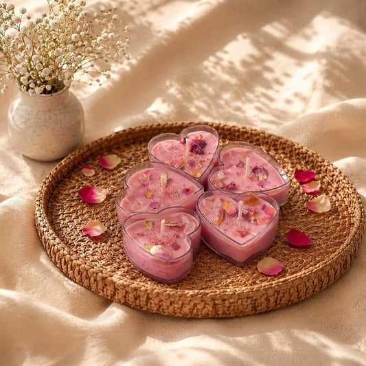 5er Set Rosen-Teelichter Herzform mit Rosenquarz