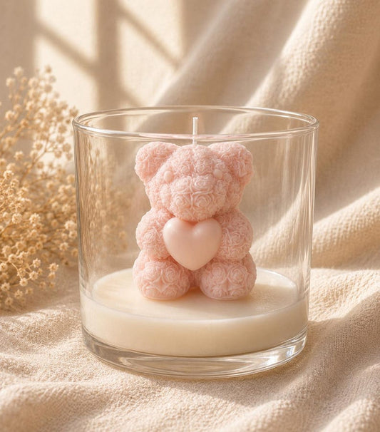 Rapswachs Kerze im Glas mit Holzdeckel – Rosenbären in Pastell – Deko Geschenk