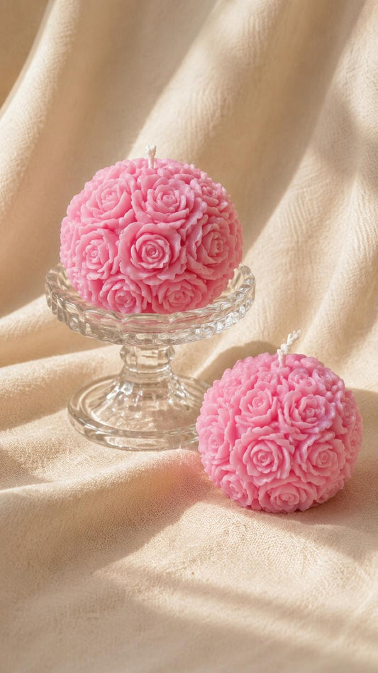 Handgemachte Rosenkugel Kerze 6x6 cm – Florale Blumenkerze, Rosa oder Weiß