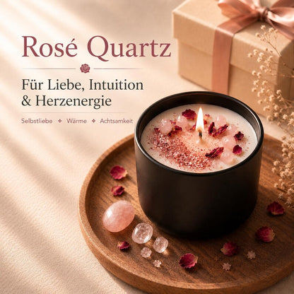 Rosenquarz Edelsteinkerze mit Rosenblüten, Soja-Rapswachs, 110 ml, Rosenduftkerze, Handgegossen