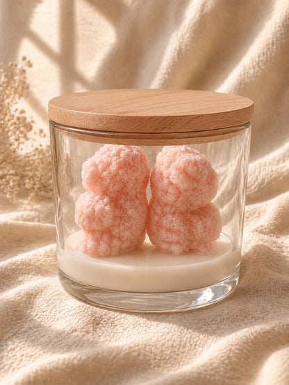 Rapswachs Kerze im Glas mit Holzdeckel – Rosenbären in Pastell – Deko Geschenk