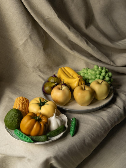 Obst- und Gemüsekerzen Set, 11 handgefertigte Lebensmittelkerzen, Küchenregal-Deko, Kerzenset für Tischdekoration