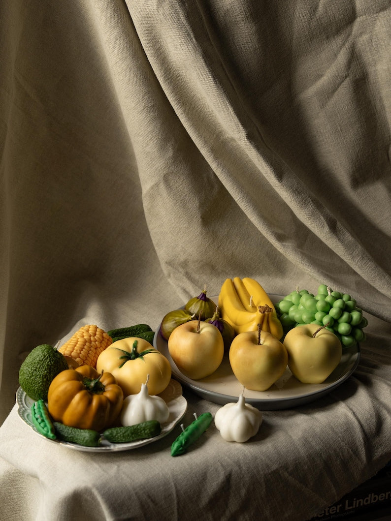Obst- und Gemüsekerzen Set, 11 handgefertigte Lebensmittelkerzen, Küchenregal-Deko, Kerzenset für Tischdekoration