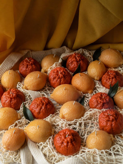 Zitrusförmige Kerzen, Zitrone und Blutorange, Soja-Olivenwachs, 65 g, Deko